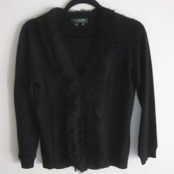 Ralph Lauren Size PM Black Silk & Cashmere Cardigan w/ Silk Eyelash Trim - Picture 1 of 13